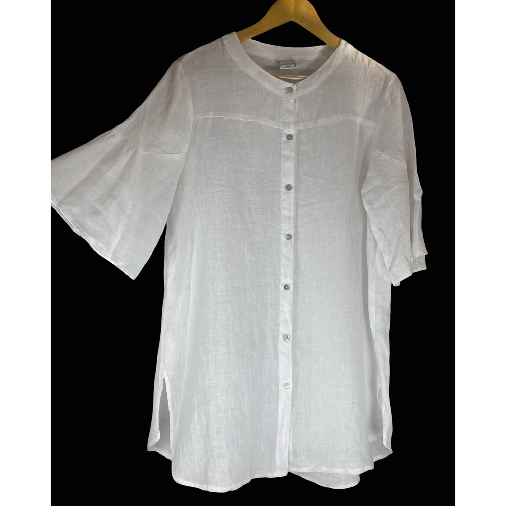 Pure Match White 100% Linen Button Down Tunic Bell Sleeve Blouse Women Small EUC